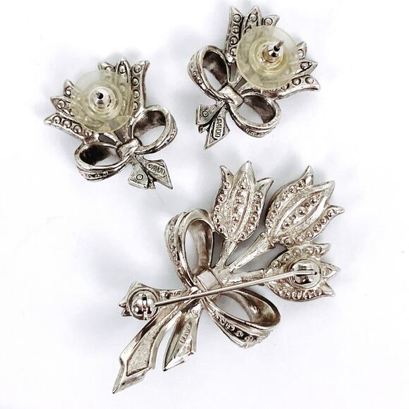 VTG Signed Avon Tulip Brooch Earrings Set Pink Rhinestone Silver Tone Marcasite - Picture 9 of 13
